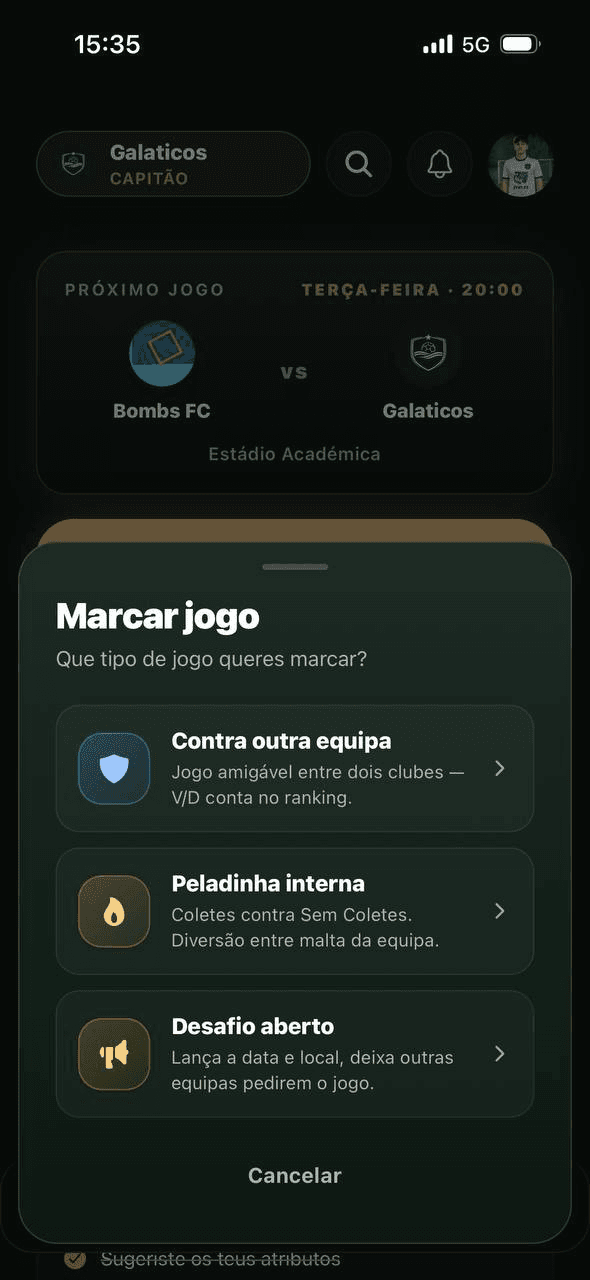 Ecrã para marcar um jogo: amigável, peladinha interna ou desafio aberto