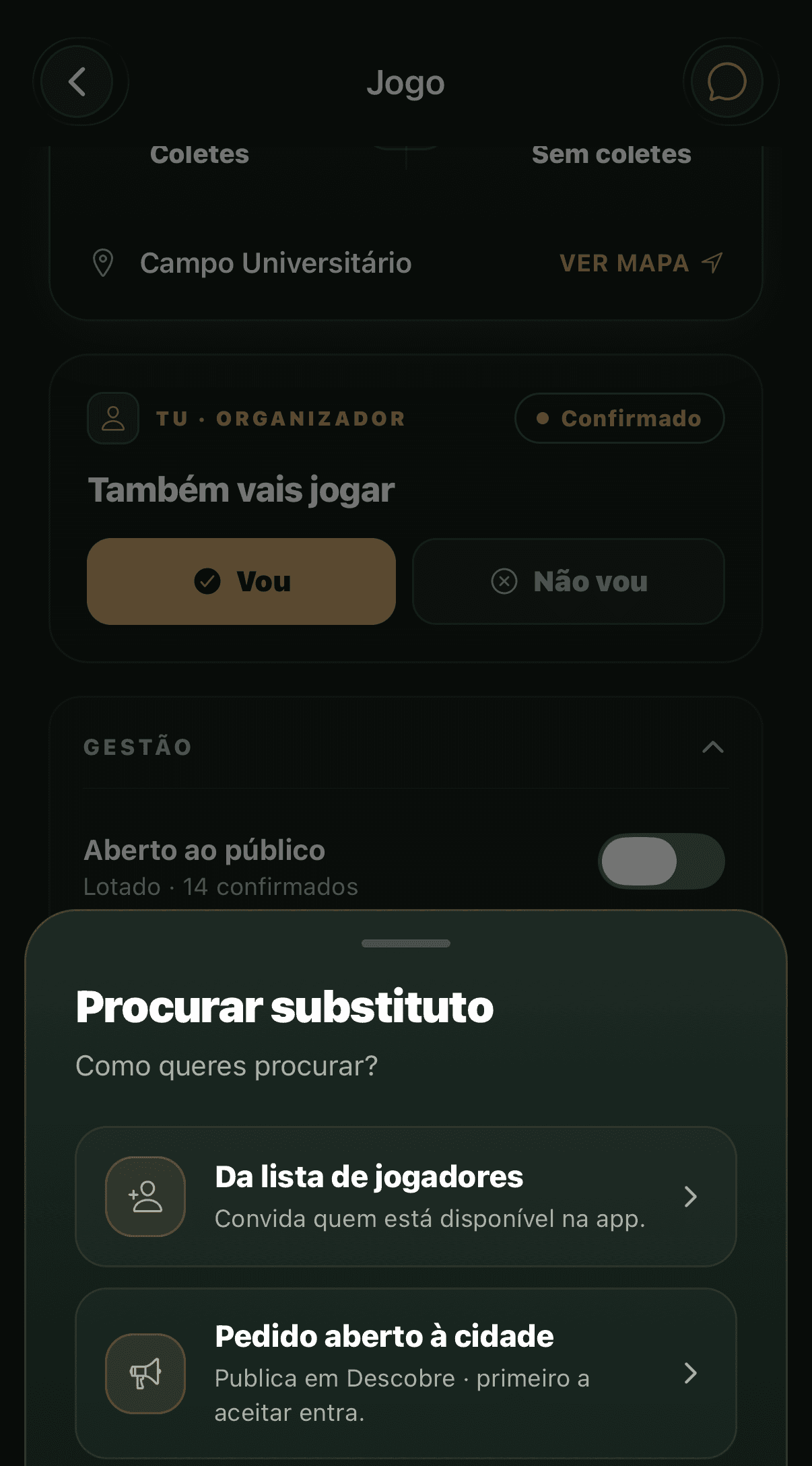 Ecrã 'Procurar substituto': lista de jogadores disponíveis ou pedido aberto à cidade