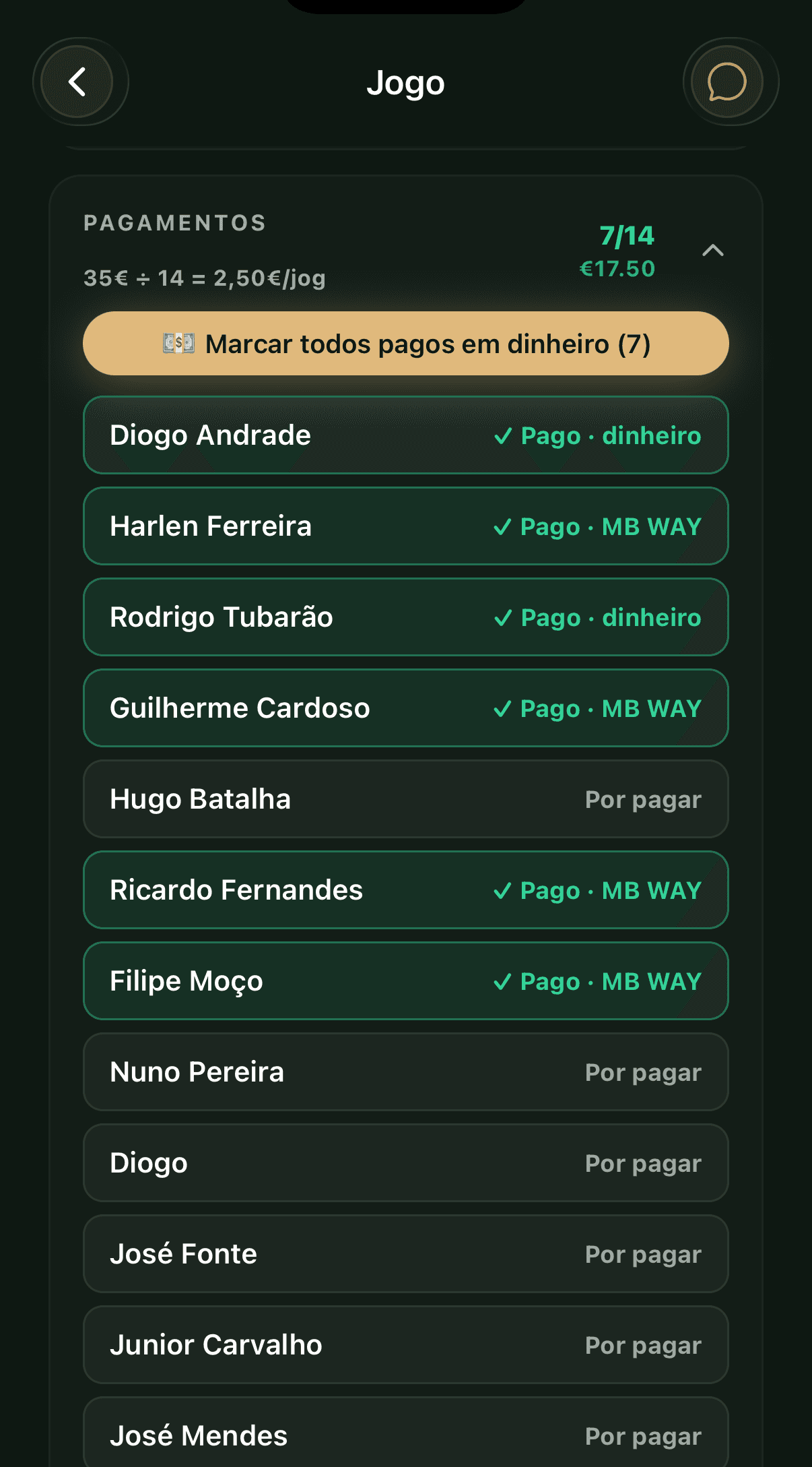 Vista do capitão sobre pagamentos: 7 de 14 pagos com detalhe MB WAY, dinheiro ou por pagar
