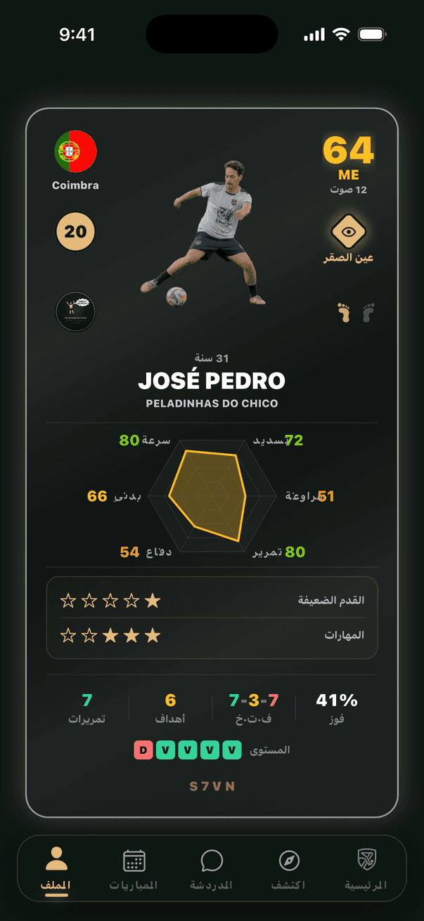 الملف الشخصي للاعب مع البطاقة والأرقام