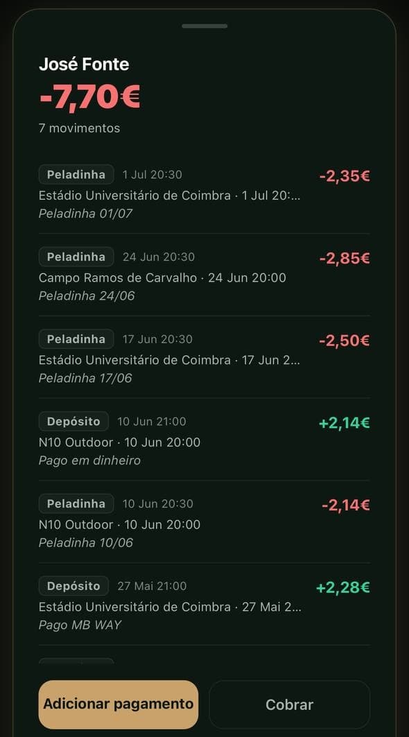 Ecrã da carteira: José Fonte -€7,70, 7 movimentos com peladinhas e depósitos MB WAY e dinheiro