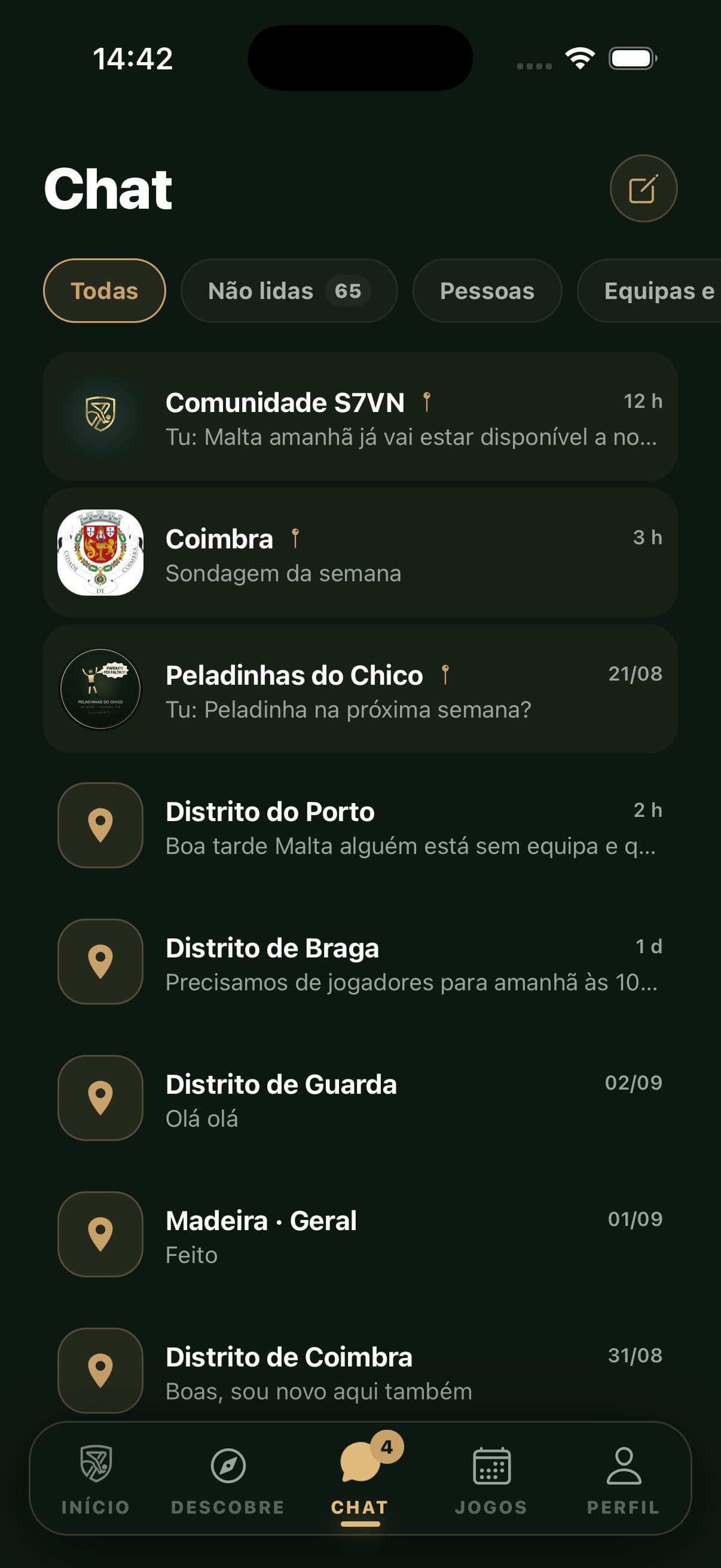 Lista de conversas da app: Comunidade S7VN, canais de distrito e chats de equipa