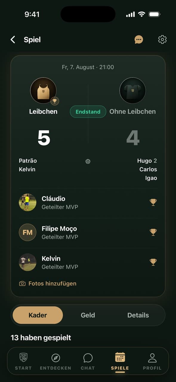 Spielzusammenfassung mit Ergebnis 5 zu 4, Torschützen und MVP