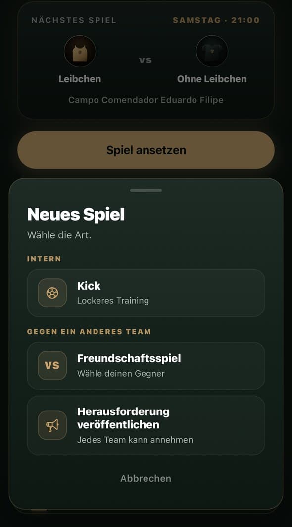 Bildschirm zur Auswahl der Kick-Art: Kick, Freundschaftsspiel oder Herausforderung