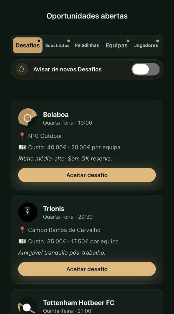 Oportunidades abertas na app: desafios, substitutos e peladinhas