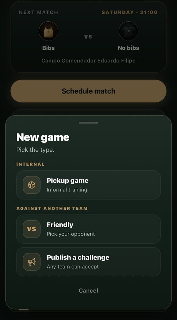 Screen to pick the game type: pickup, friendly or challenge