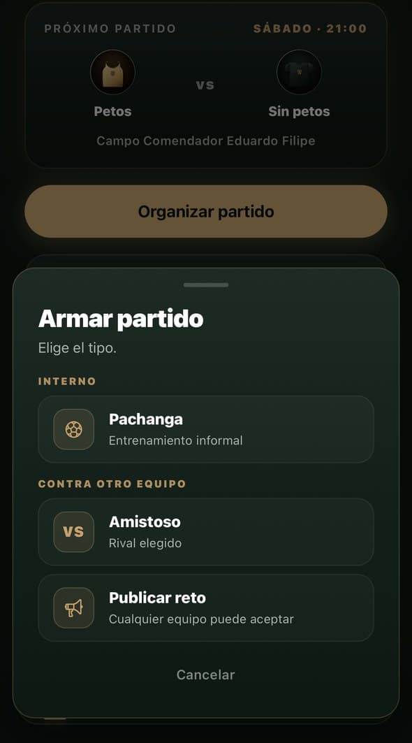 Pantalla para elegir el tipo de partido: pachanga, amistoso o desafío