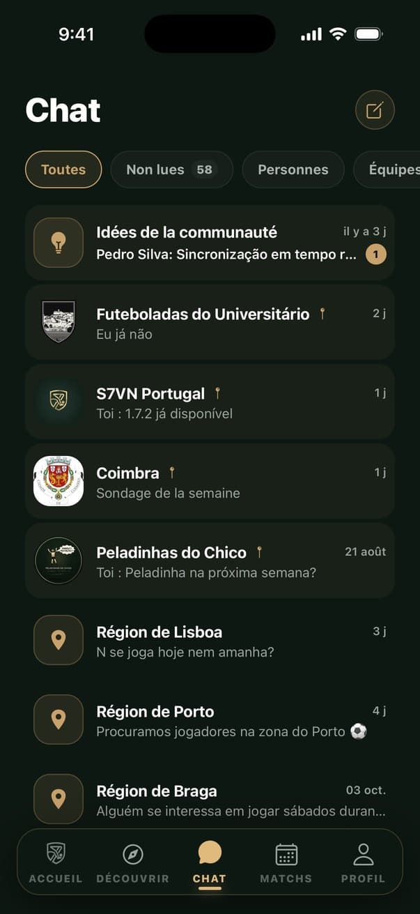 Liste des chats des matchs et des régions