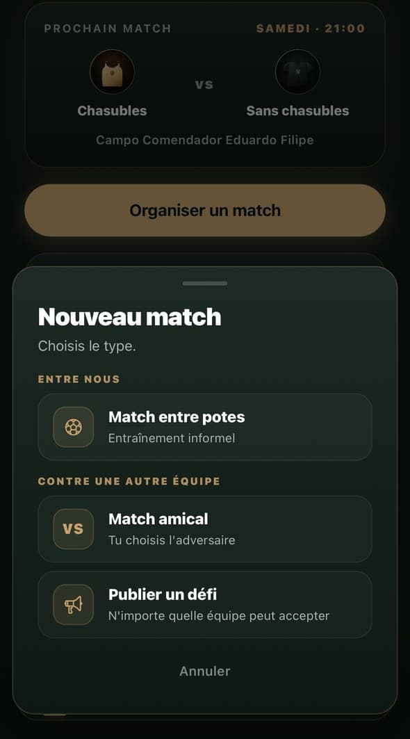 Écran pour choisir le type de match : entre potes, amical ou défi