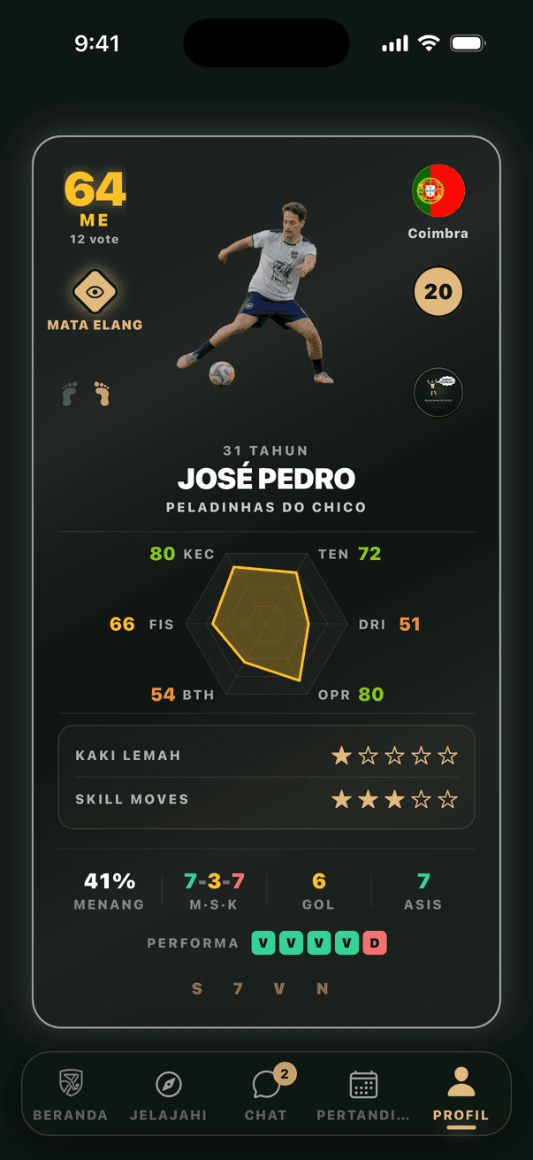 Profil pemain dengan kartu dan rekor