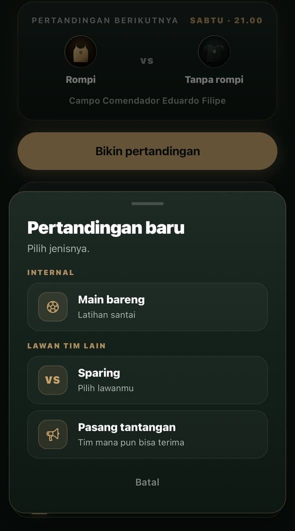 Layar untuk pilih jenis pertandingan: main bareng, persahabatan, atau tantangan