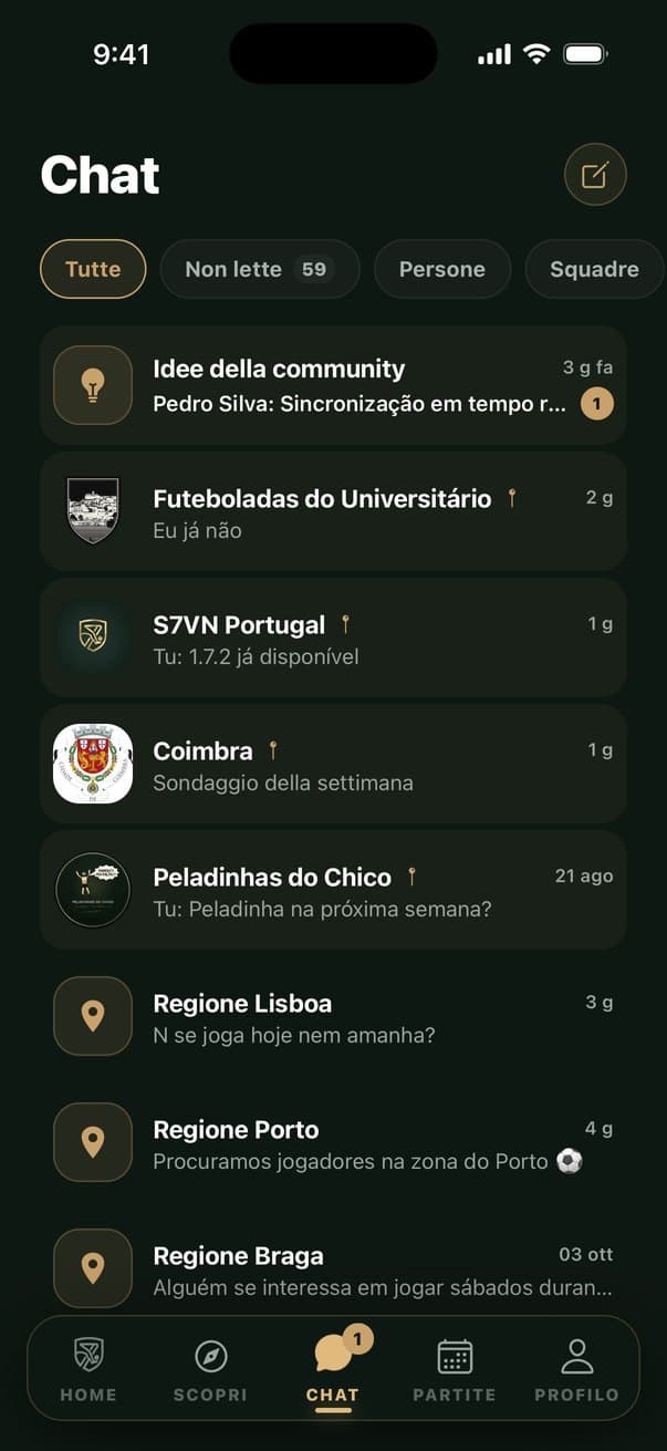 Lista delle chat delle partite e delle regioni