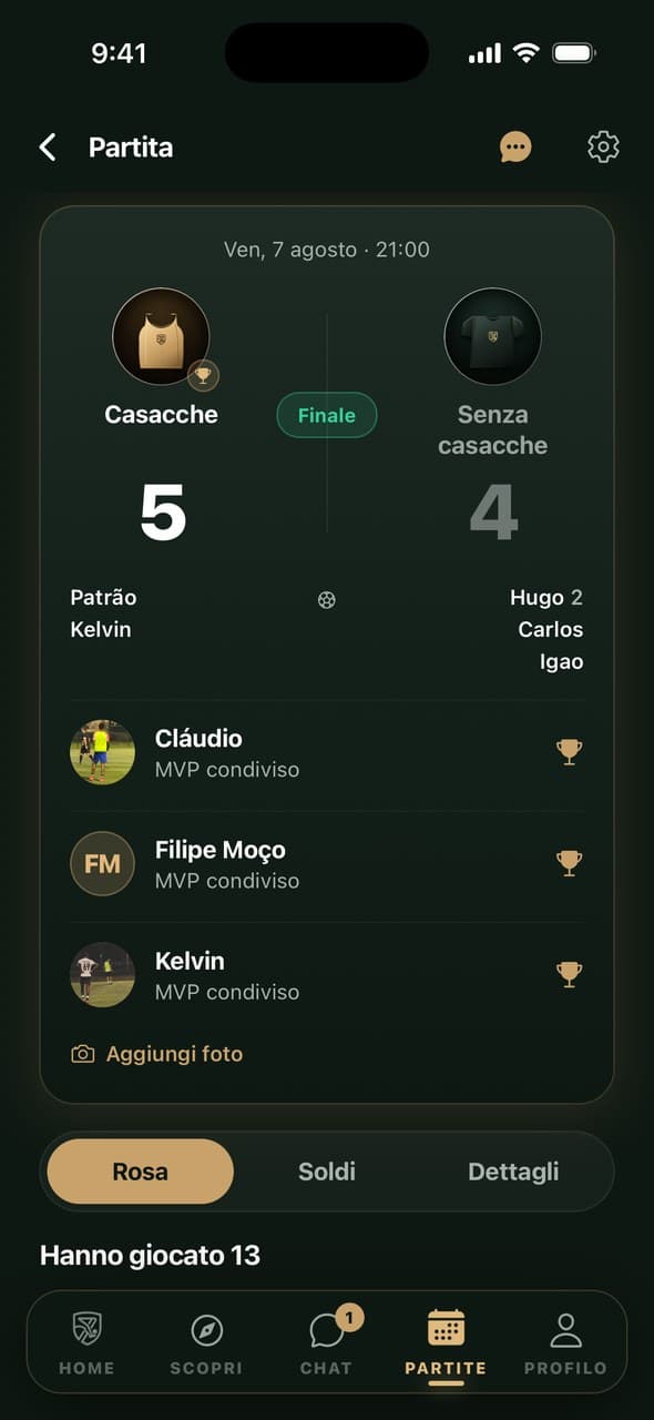 Riepilogo della partita con risultato 5 a 4, marcatori e MVP