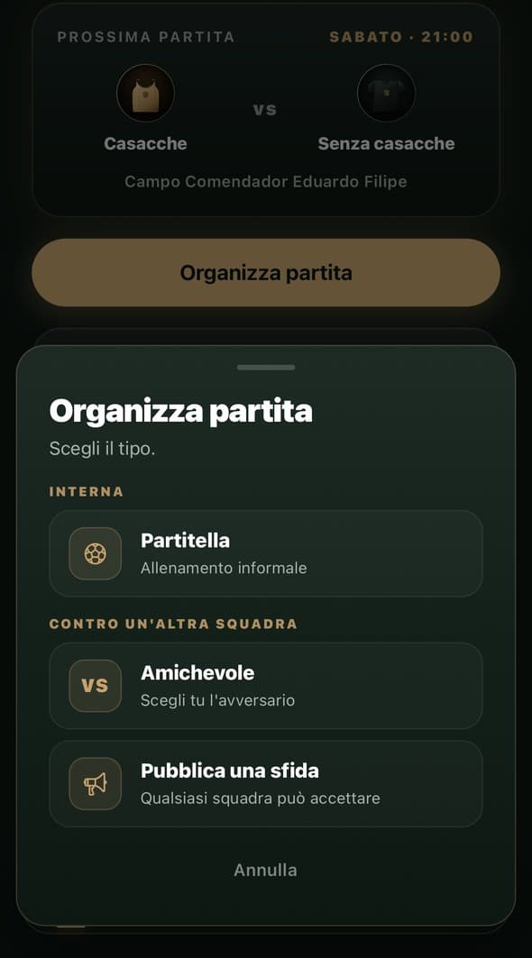 Schermata per scegliere il tipo di partita: partitella, amichevole o sfida