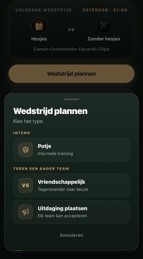 Scherm om het soort potje te kiezen: potje, vriendschappelijk of uitdaging