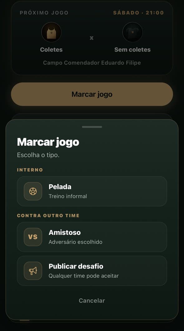 Tela para escolher o tipo de jogo: pelada, amistoso ou desafio