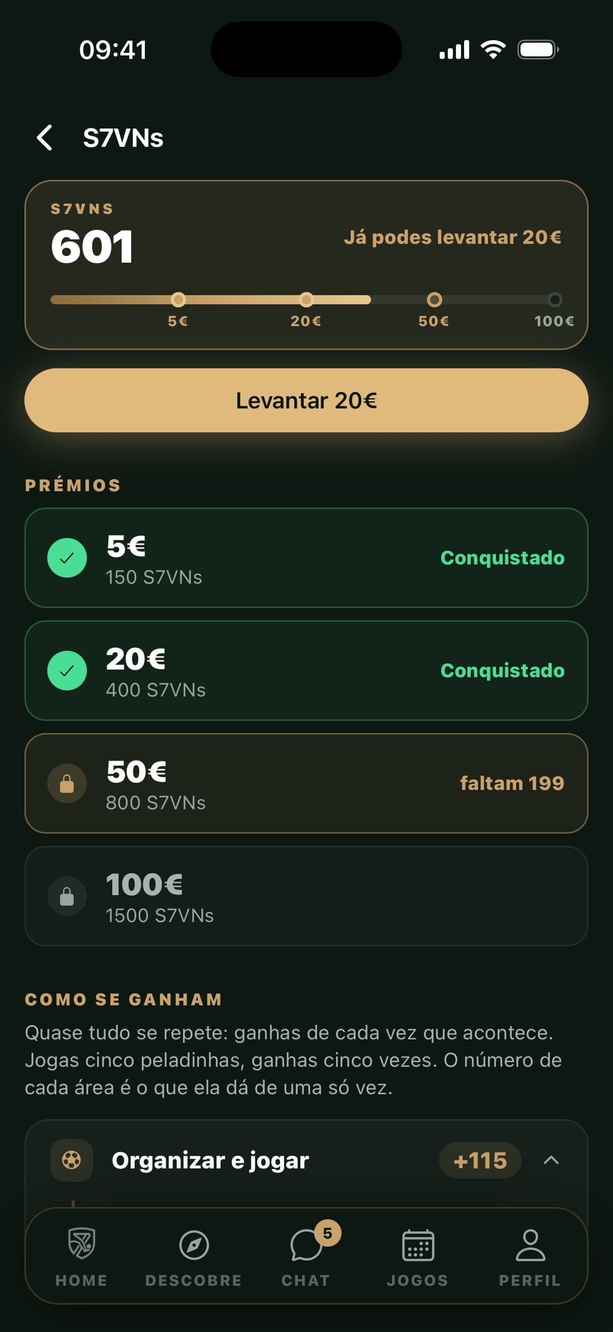Ecrã dos S7VNs: 601 pontos, botão Levantar 20€ e a lista de prémios de 5€ a 100€
