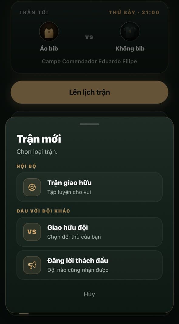 Màn hình chọn loại trận đấu: giao hữu, thân thiện hoặc thách đấu
